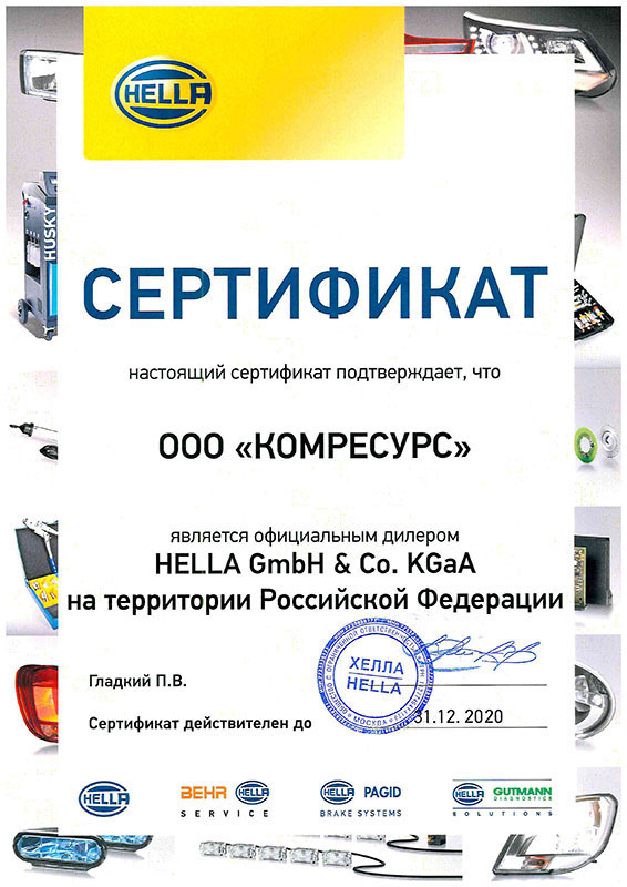Сертификат компании Hella Gutmann Сертификат компании Hella